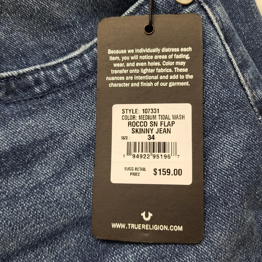 New True Religion Jeans Mens 34/32 Rocco Relaxed Skinny Flap Stretch Blue Faded